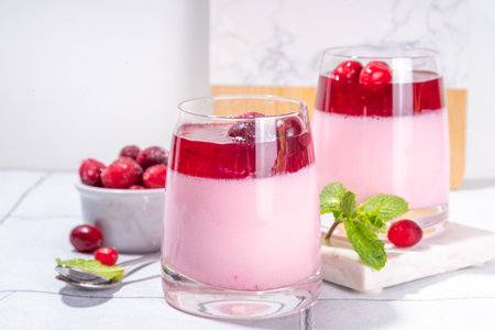 Tasty Cranberry Panna Cotta dessert, pink coconut or yogurt panna cotta with  cranberry sweet sauce, fresh berry and mintの写真素材