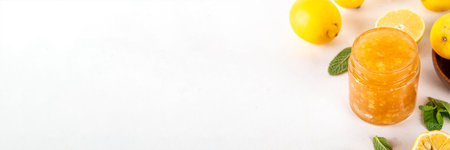 Sweet and sour lemon citrus  jam marmalade preserves in small jar with fresh lemons and mint, on white table copy spaceの写真素材