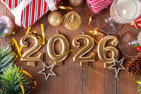 Festive Christmas and New Year 2026 background with champagne glasses, holiday baubles, Christmas tree decor, gift boxesの写真素材