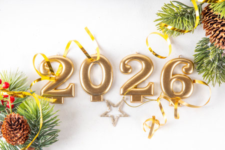 Festive Christmas and New Year 2026 background with  holiday baubles, Christmas tree decor, gift...