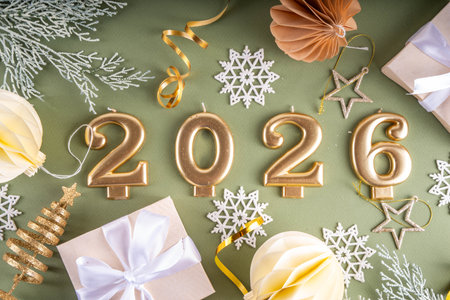 New year 2026 celebration greeting card background Gold numbers 2026 with golden party decoration, stars confetti on pink background. Flat lay, Merry Christmas, Noel happy New Year holidays bannerの写真素材