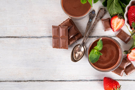 Homemade chocolate pudding dessert, in ceramic portioned bowl on kitchen table, with fresh strawberries, mint and chocolate slicesの写真素材