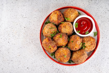 Homemade tasty airfryer made fish patties. Big plate of hot fish cutlets, with crispy crust, fried without oil. Healthy balanced food, high protein source recipe, with ketchup sauce on white tableの写真素材