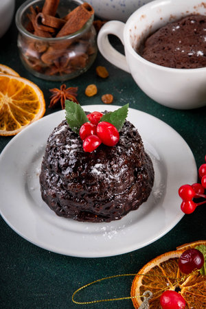Traditional English Christmas pudding mug cake. Simple Christmas pudding recipe idea, made on tea mug with microwave, portioned Christmas pudding with sugar powder and cranberry festive decorの写真素材