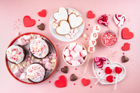 Valentines day heart shaped cookies, candies, chocolates, sweets, cupcakes marshmallow, holiday decorations on bright red pink background top view copy space. Valentine`s party menu, invitation flat layの写真素材
