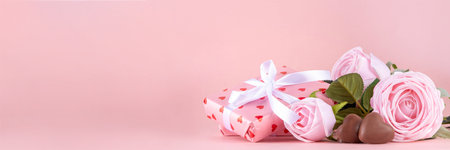 Valentine day, February 14 holiday background with pink roses flowers bouquet, gift boxes and...