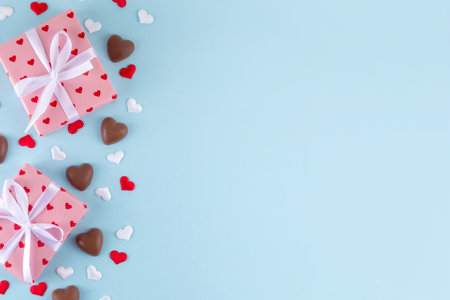 Romantic Valentine day background with hearts, gift boxes, heart-shaped chocolates. St Valentines day for restaurant, cafes, party invitation background copy spaceの写真素材