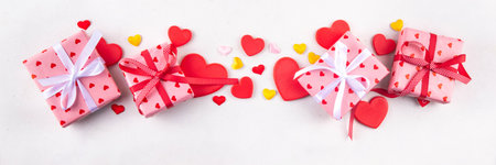 Valentine day background with lettering Happy Valentine Day, heart decor and gift boxes, on white...
