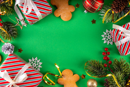 Christmas background with gingerbread man cookies, gifts and baubles, Christmas, New Year...