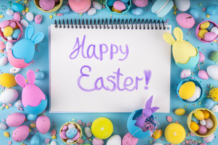 Cute and bright pastel colored Easter eggs and bunny background. Pink. blue, yellow colored bunny...