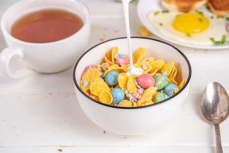 Easter breakfast cereals, corn flakes with Easter chocolate eggs and sugar sprinkles, pouring milk...