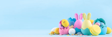 Cute and bright pastel colored Easter eggs and bunny background. Pink. blue, yellow colored bunny...