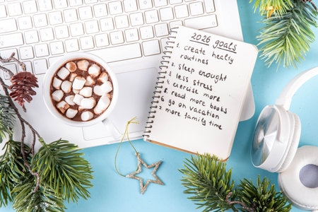 2026 Goals New Year resolution concept. Planning new year goals, bright colorful background with laptop, headphones, Christmas tree, hot chocolate mug and notebook with plan and goal listの写真素材