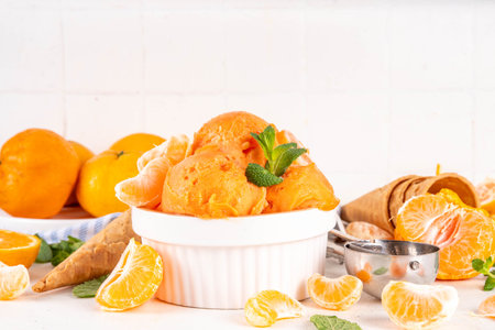 Sweet and sour homemade tangerine ice cream. Big portioned bowl with tasty mandarin or clementine oranges gelato sorbet, with fresh tangerines on table, copy spaceの写真素材