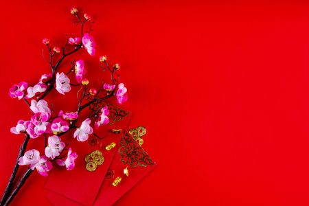 Bright vibrant gold and red Chinese New Year background with mandarin oranges, blossom tree branches, decorative fans, festive greeting envelops and coins, traditional Chinese New Year ornamentsの写真素材