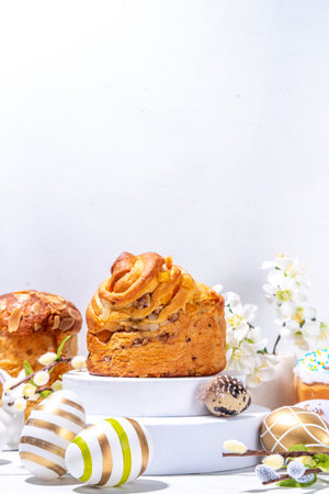 Easter background with baking cruffin pandoro pannetone cake, with colorful painted Easter eggs....