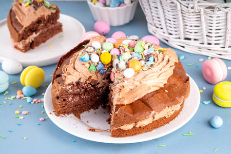 Easter Egg Nest Chocolate Cake. Sweet Easter cake with crushed chocolate eggs, traditional holiday...