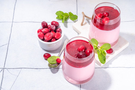 Tasty Cranberry Panna Cotta dessert, pink coconut or yogurt panna cotta with  cranberry sweet sauce, fresh berry and mintの写真素材