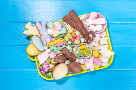 Easter charcuterie board. Sweet Easter party, kids holiday treats assortment - chocolates, easter...