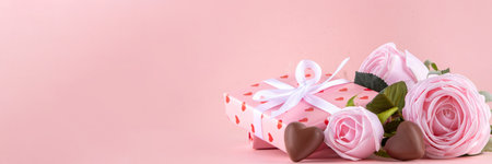 Valentine day, February 14 holiday background with pink roses flowers bouquet, gift boxes and heart-shaped chocolates on pastel colored pink background copy spaceの写真素材