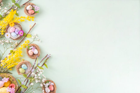 Easter nests and eggs background with spring flowers, Happy Easter holiday greeting card flat lay on...