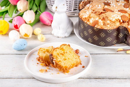 Italian Easter Colomba Cake, Colomba di Pasqua, sweet sugared dove-shaped sponge cake with glazed...