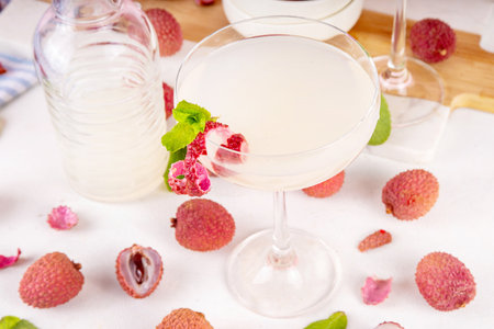 Lychee fruit tasty martini cocktail. Tasty alcohol drink with fresh lychees, mint leaves, liqueur and sweet sour juice, on white pink table background with ripe raw lychee fruits, copy spaceの写真素材