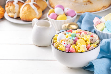 Breakfast easter bunny trail mix. Mixed colorful breakfast cereals and flakes, with chocolate eggs,...