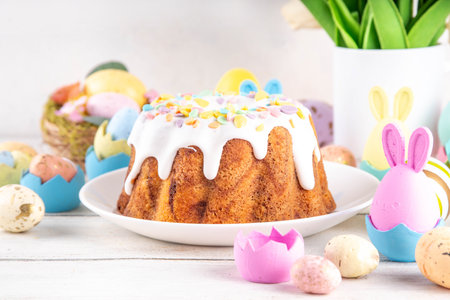 Traditional Easter cake decorated with sugar icing and sprinkles, with festive spirit decor and...