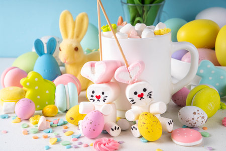 Easter holiday  hot chocolate with funny bunny rabbits creative made with marshmallows, greeting...