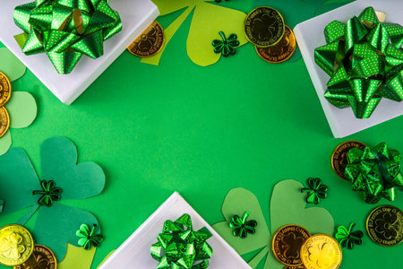 Shamrock saint patrick's day bright high-colored background, St. Patrick's holiday flatlay with...
