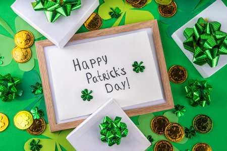 Shamrock saint patrick's day bright high-colored background, St. Patrick's holiday flatlay with...