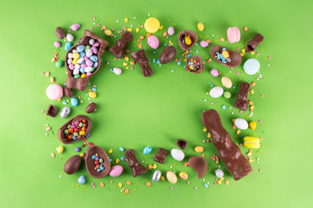 Easter egg hunting, sale and holiday traditions. Various candy and chocolate Easter eggs, bunny and...