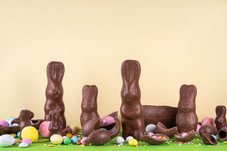 Easter egg hunting, sale and holiday traditions. Various candy and chocolate Easter eggs, bunny and rabbits on bright green background. Preparation for Easter, greeting card, Easter sale and shoppingの写真素材