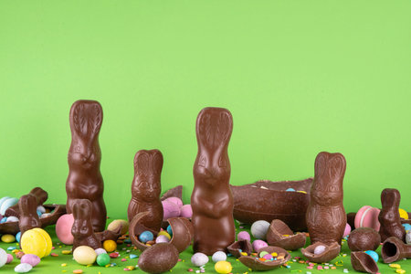 Easter egg hunting, sale and holiday traditions. Various candy and chocolate Easter eggs, bunny and rabbits on bright green background. Preparation for Easter, greeting card, Easter sale and shoppingの写真素材