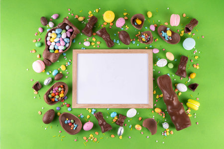 Easter egg hunting, sale and holiday traditions. Various candy and chocolate Easter eggs, bunny and...