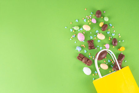 Easter sweets and candies shopping background with chocolate Easter eggs, bunny rabbits, sugar...