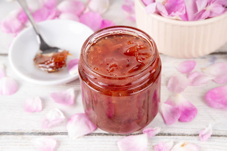 Rose petals jam, sweet tasty flower dessert, homemade confiture preserves with organic dessert roses petals, sugar and honey, in small jar on white table.  Alternative medicine, remedies for sore throats and coldsの写真素材