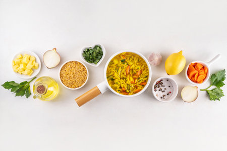 Tasty autumn winter immunity booster chicken vegetables orzo soup. Traditional european comfort food with ingredients for cooking on white tableの写真素材