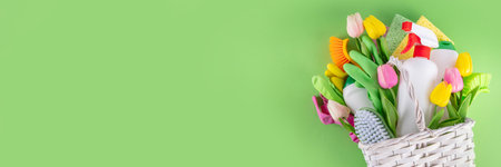 Spring cleaning background with spring flowers and cleaning utensils in white basket, Various household supplies, bottles, accessories, with blossom tulips, spring cleaning sale promotion copy spaceの写真素材
