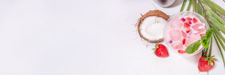 Strawberry coconut milkshake, frozen creamy cocktail drink with coconut milk and whipped sliced strawberries copy spaceの写真素材