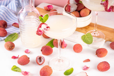 Lychee fruit tasty martini cocktail. Tasty alcohol drink with fresh lychees, mint leaves, liqueur and sweet sour juice, on white pink table background with ripe raw lychee fruits, copy spaceの写真素材
