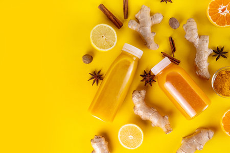 Ginger turmeric immunity shot, tasty vitamin citrus fruit infused drink in small bottles, made with...