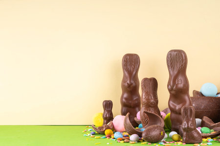 Easter egg hunting, holiday traditions. Various candy and chocolate Easter eggs, bunny and rabbits...