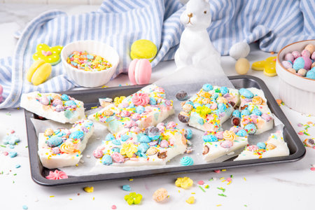 Easter frozen Yogurt Bark, alternative healthy keto diet ice cream dessert bars made with greek...