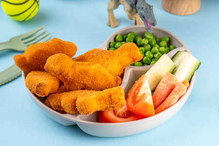 Tasty kids food, dinosaur shaped chicken nuggets. Plate with dino nuggets and sauce and vegetables, healthy and fun air fryied dino nuggetsの写真素材