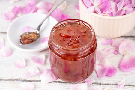 Rose petals jam, sweet tasty flower dessert, homemade confiture preserves with organic dessert roses petals, sugar and honey, in small jar on white table.の写真素材