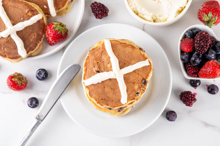 Hot cross bun pancakes, Easter holiday morning snack recipe, freshly pan baked sweet breakfast...