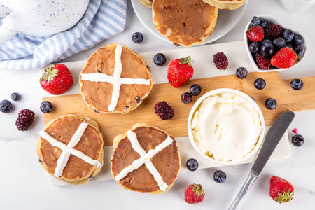 Hot cross bun pancakes, Easter holiday morning snack recipe, freshly pan baked sweet breakfast...