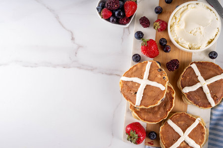 Hot cross bun pancakes, Easter holiday morning snack recipe, freshly pan baked sweet breakfast...